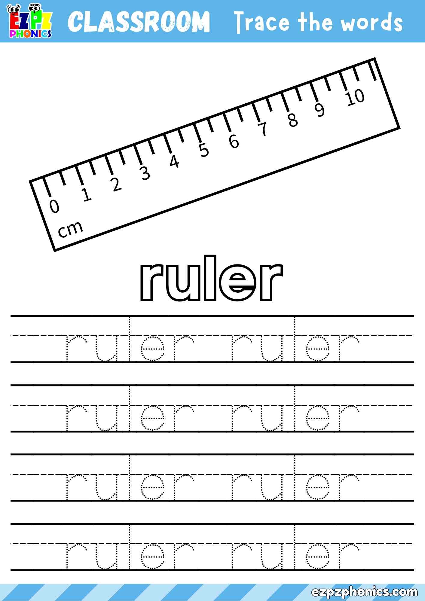 Ruler - Classroom Objects Vocabulary Word Tracing Activity - Color the Ruler and Trace the Word Ruler (Free PDF Download)